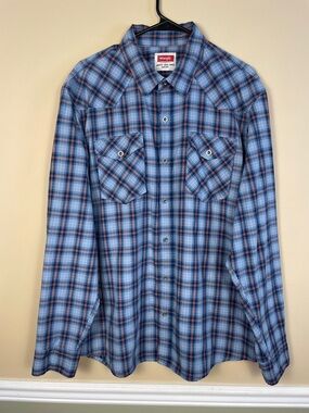 Wrangler Men’s Western Plaid Blue Orange White Pockets Button-Up LS Shirt